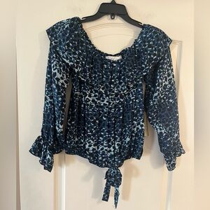 Vintage Havana Blue Patterned Women's Long Sleeve Flowy Blouse Size Medium